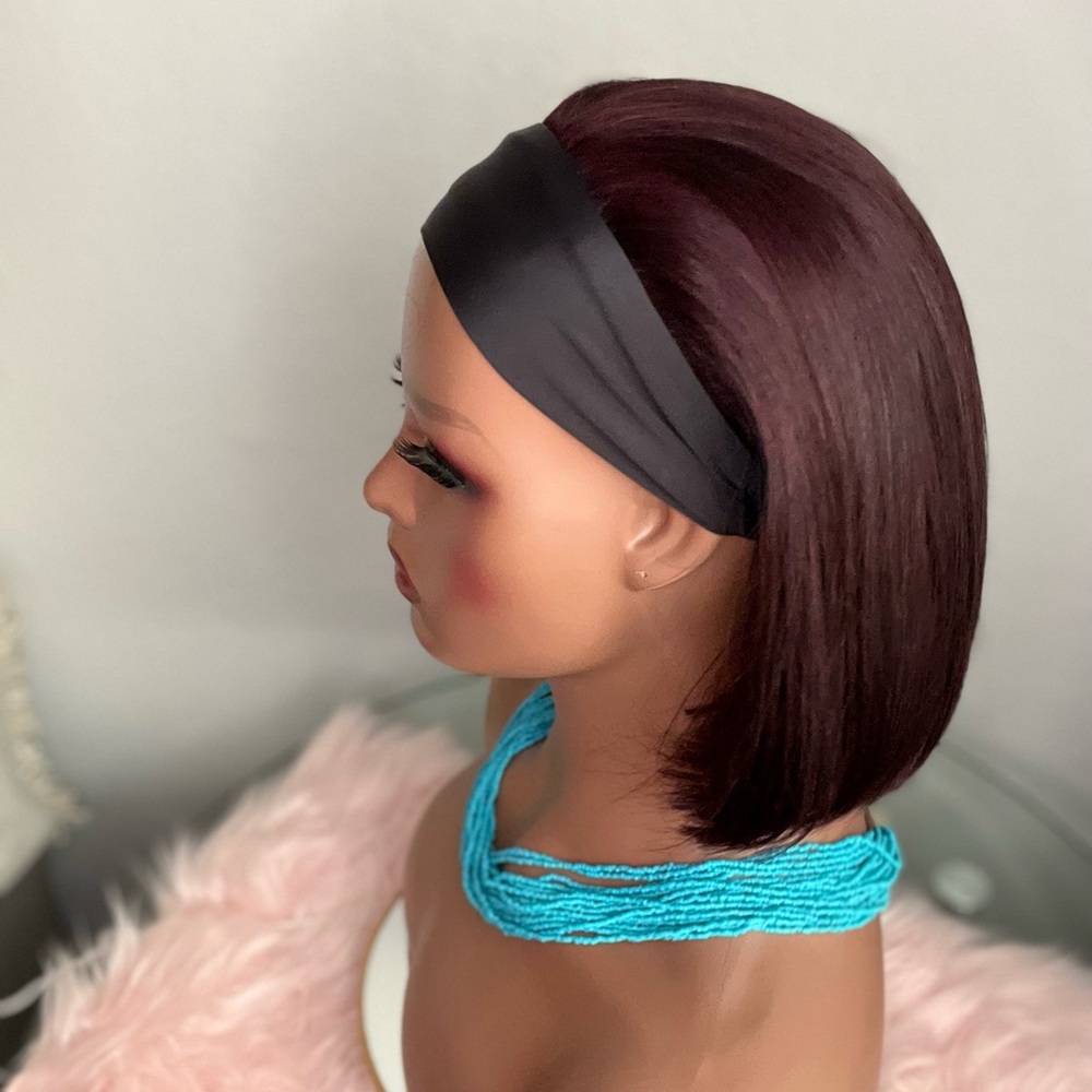 Raw hair premium quality headband bob wig human hair burgundy 10”